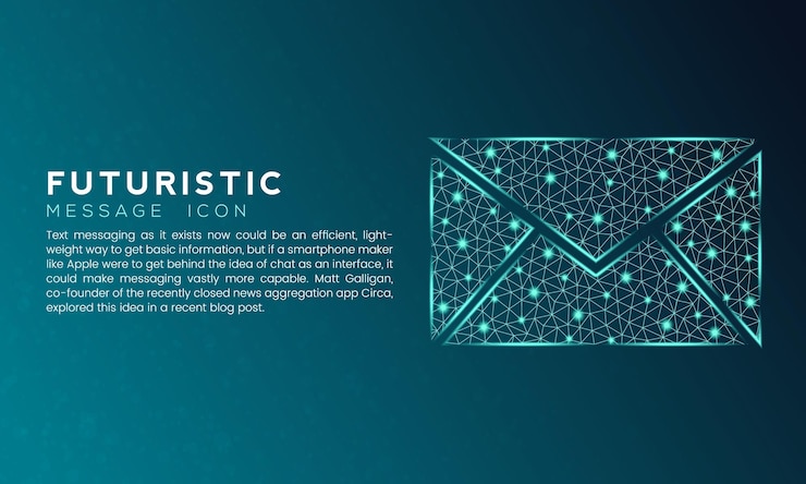 Vector concepto de icono de mensaje futurista azul con puntos conectados de nodo de polígono y efecto de neón