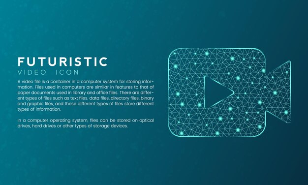 Concepto de icono de video futurista azul con puntos conectados de nodo de polígono y efecto de neón