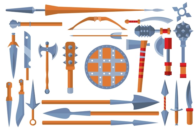 Concepto de iconos de conjunto de armas medievales sin escena de personas en el estilo de dibujos animados planos