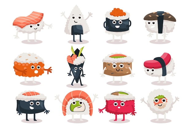 Concepto de iconos de conjunto de vectores de personajes de sushi sin escena de personas en el diseño de dibujos animados planos