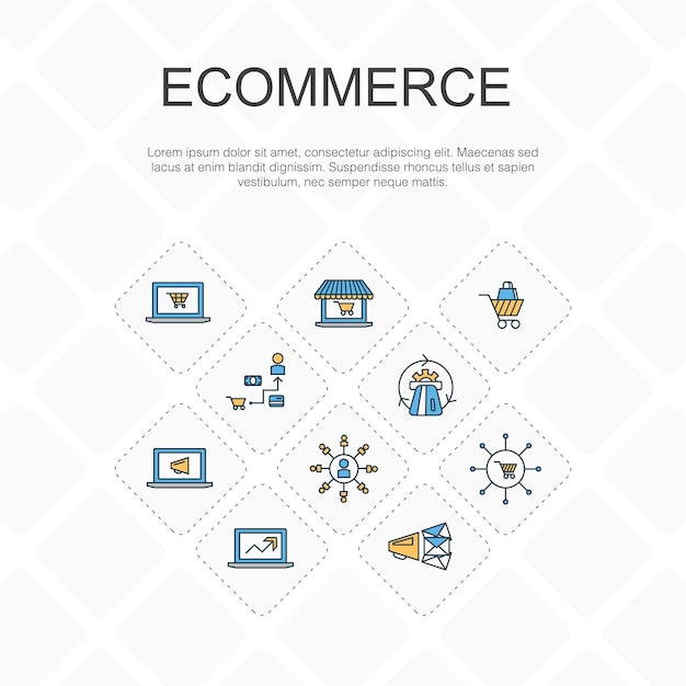 Concepto de iconos de línea de moda de comercio electrónico Diseño de línea delgada con carrito de compras de tienda en línea Iconos de soluciones de comercio electrónico de procesador de pago