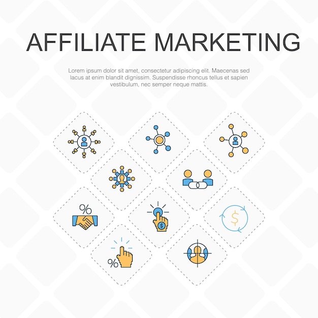 Concepto de iconos de línea de moda de marketing de afiliados Diseño de línea delgada con iconos de costo de conversión de comisión de enlace de afiliado por clic