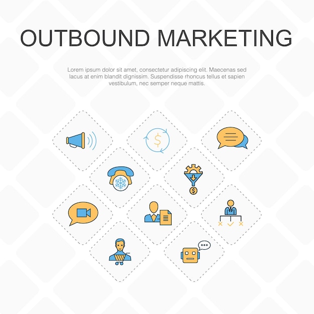 Concepto de iconos de línea de moda de marketing saliente Diseño de línea delgada con iconos de llamadas en frío de generación de clientes potenciales de conversión