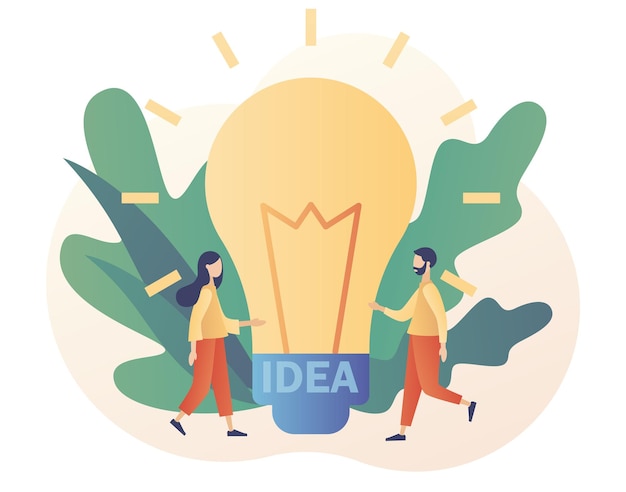 Concepto de idea. Bombilla grande. Lámpara innovadora. Inspiración de personas diminutas que desarrollan nuevas ideas de negocios.
