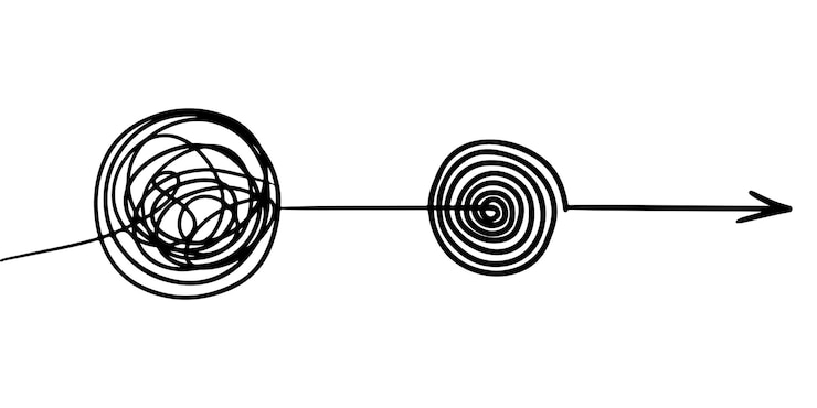Vector concepto de idea de claridad de confusión o vector de ruta simplificando la compleja ilustración de vector de doodle