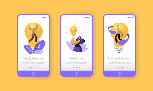 Concepto de idea creativa empresarial Página de aplicación móvil a bordo Conjunto de pantalla.