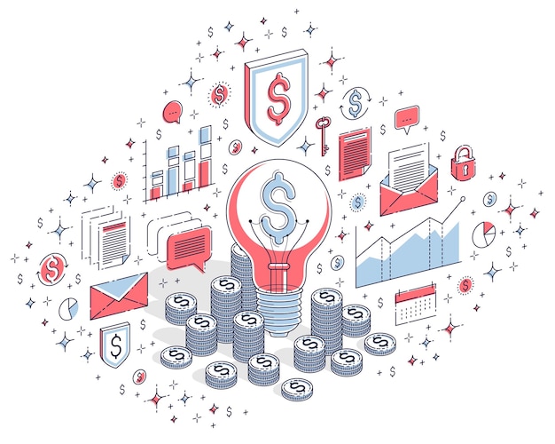 Concepto de idea de inicio de negocio, bombilla con pila de dinero en efectivo y montones de monedas. Ilustración de negocios isométricos vectoriales 3d con iconos, gráficos de estadísticas y elementos de diseño.