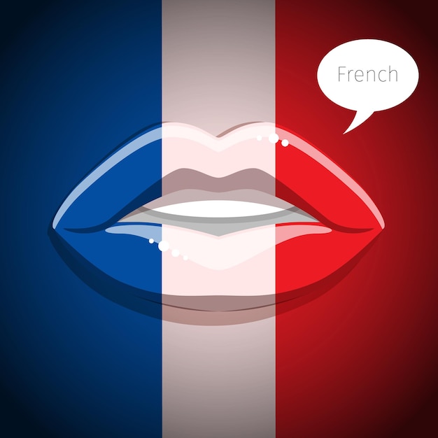 Concepto de idioma francés. labios de glamour con maquillaje de la bandera francesa, rostro de mujer. diseño plano, ilustración vectorial.