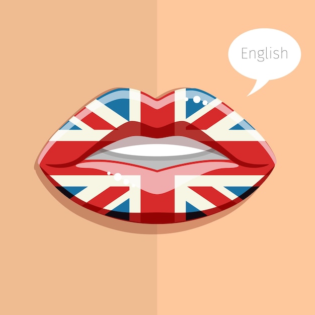 Concepto de idioma inglés. Labios de glamour con maquillaje de la bandera británica, rostro de mujer. Ilustración de diseño plano.