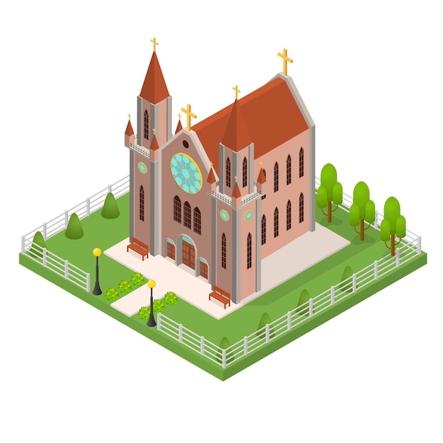 Concepto de iglesia católica cristiana Vector de vista isométrica 3d