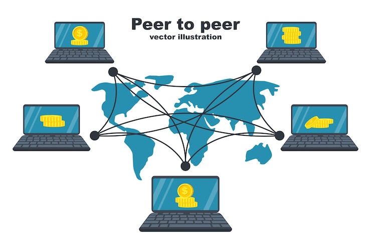 Vector concepto de igual a igual tecnología de cadena de bloques negocios de red blockchain de criptomoneda global