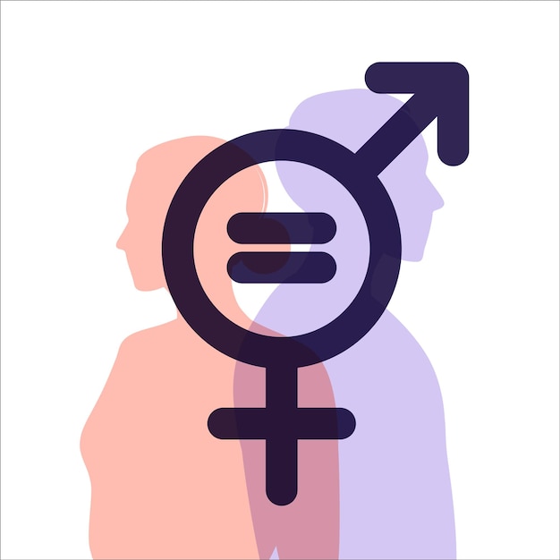 Concepto de igualdad de género. carácter de hombres y mujeres en la balanza por la igualdad de género. siluetas de un hombre y una mujer. el signo de género. ilustración vectorial. departamento.