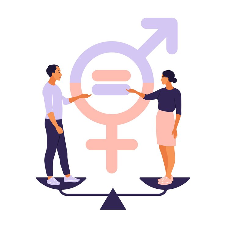 Vector concepto de igualdad de género. carácter de hombres y mujeres en la balanza por la igualdad de género.