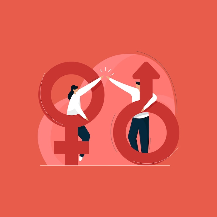 Vector concepto de igualdad de género, concepto de sexualidad con icono masculino y femenino, derechos de las mujeres