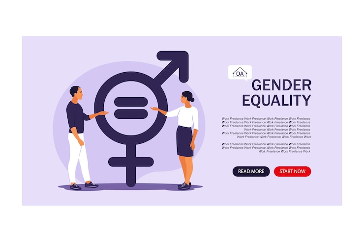 Vector concepto de igualdad de género. página de destino para web. carácter de hombres y mujeres en la balanza por la igualdad de género. ilustración vectorial. departamento.