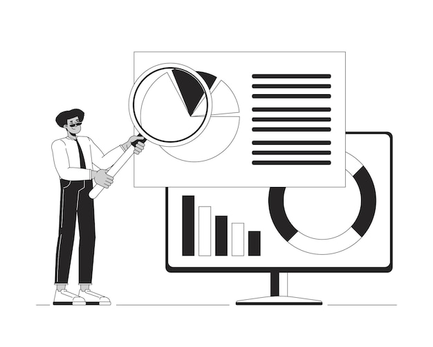 El concepto de ilustración 2D en blanco y negro de la lupa analítica