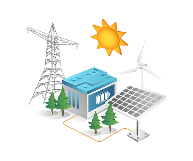 Concepto de ilustración 3d isométrica plana del canal de almacenamiento de energía solar