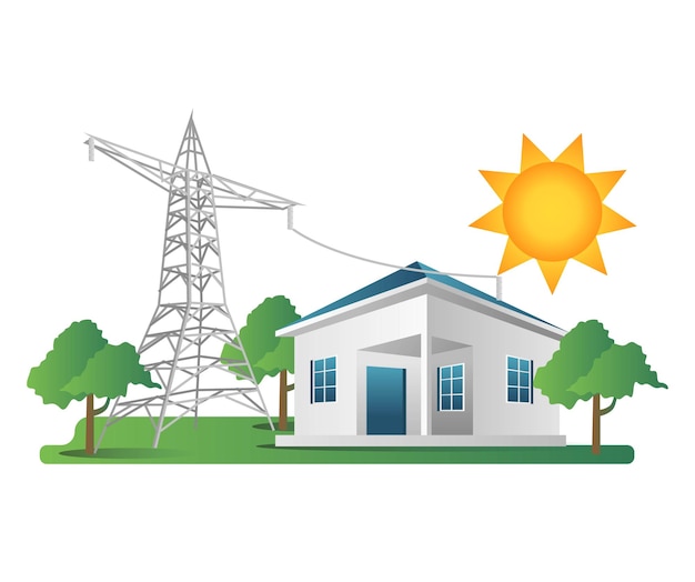 Concepto de ilustración 3d isométrica plana de líneas de postes de electricidad de la casa