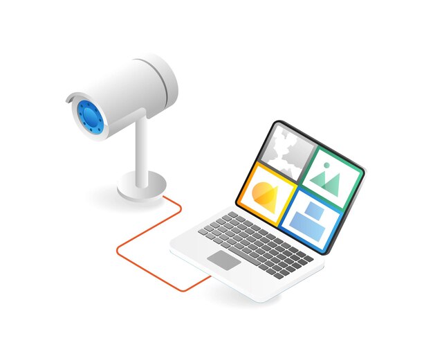 Concepto de ilustración 3d plana cctv isométrica con pantalla de monitor
