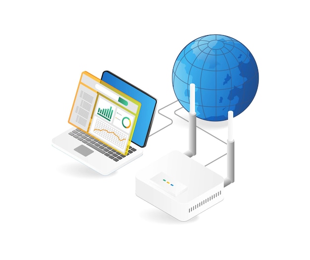 Concepto de ilustración 3d plano isométrico de analizador de enrutador wifi de internet