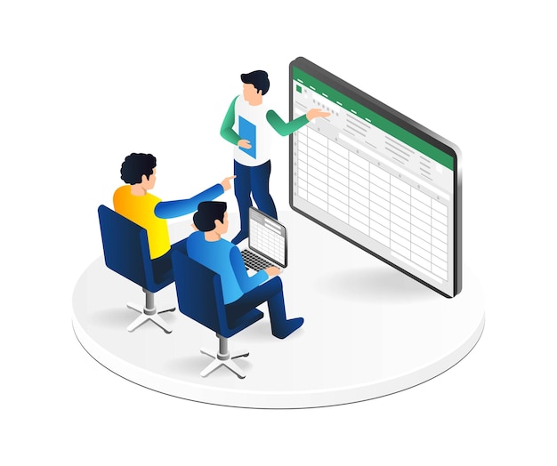 Concepto de ilustración 3d plano isométrico de aprendizaje de la aplicación excel
