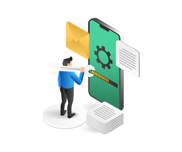 Concepto de ilustración 3d plano isométrico del hombre que mantiene la aplicación de teléfono inteligente