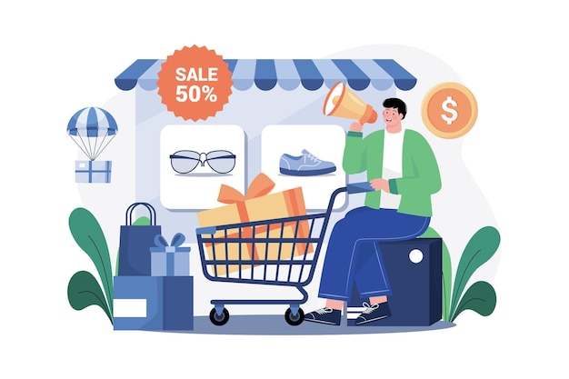 Concepto de ilustración de anuncio de venta en línea Una ilustración plana aislada sobre fondo blanco