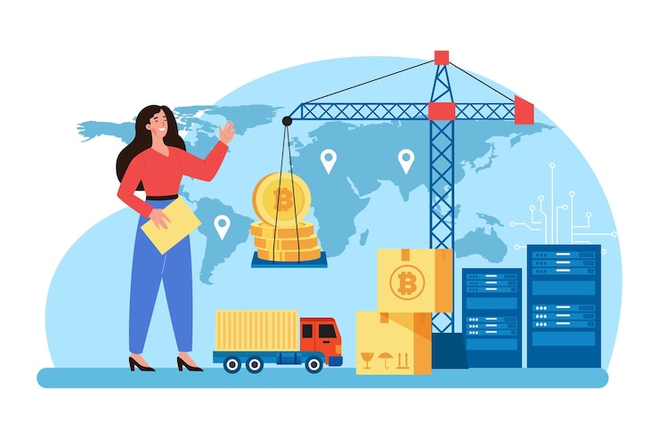 Vector concepto de ilustración de cadena de suministro blockchain sobre fondo blanco