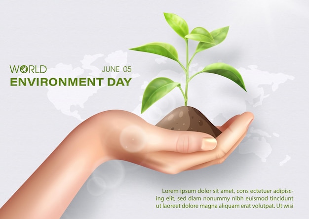 Concepto de ilustración de cartel del Día Mundial del Medio Ambiente con siembra realista en la mano humana
