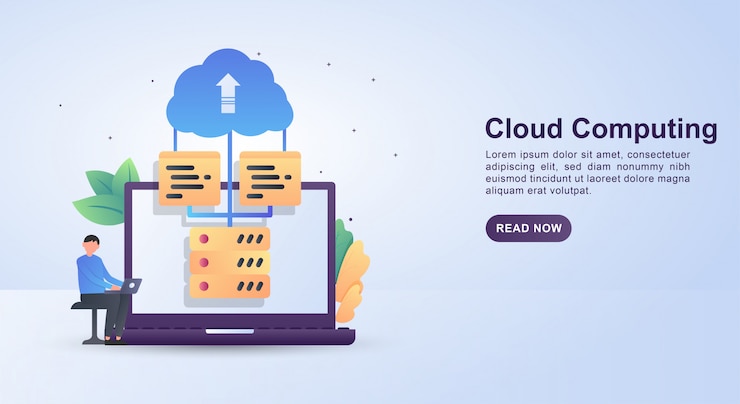 Vector concepto de ilustración de cloud computing con la computadora portátil.