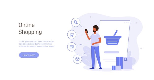 Concepto de ilustración de compras Compras a través de la versión móvil de la aplicación o tienda del sitio web