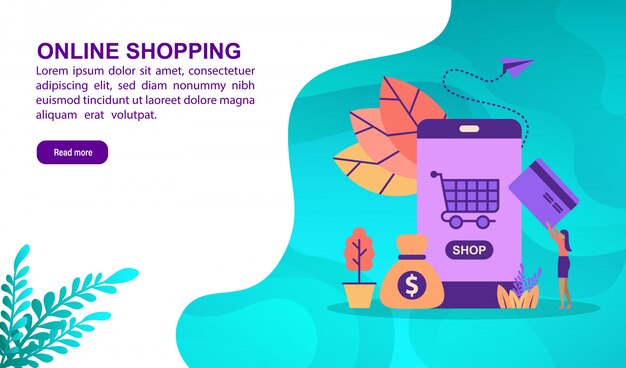 Concepto de ilustración de compras en línea con carácter. Plantilla de página de aterrizaje