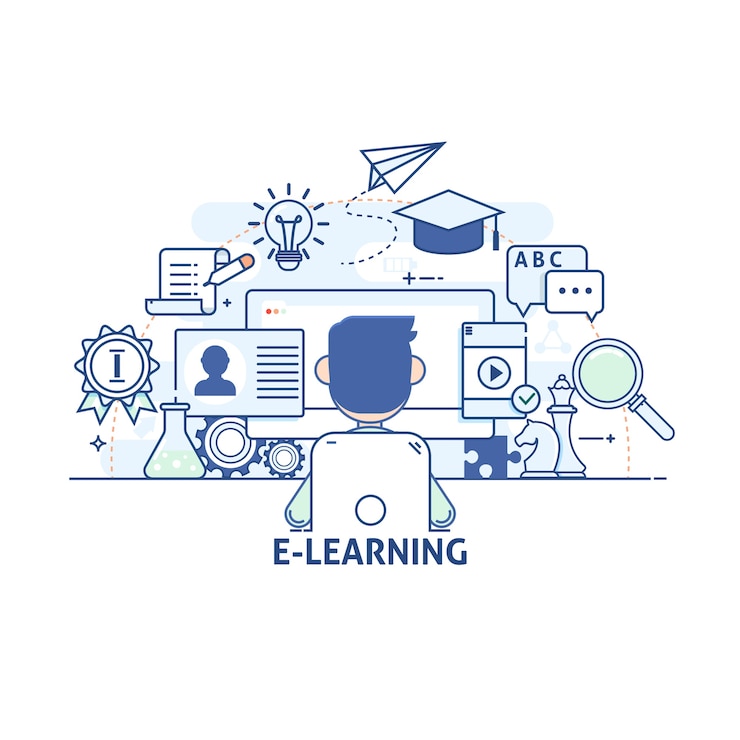 Vector concepto de ilustración - comunicaciones y tecnología, educación moderna y aprendizaje, investigación, tutorial. iconos de vector de trazo lineal fino moderno. iconos de vector de carrera lineal delgada moderna.