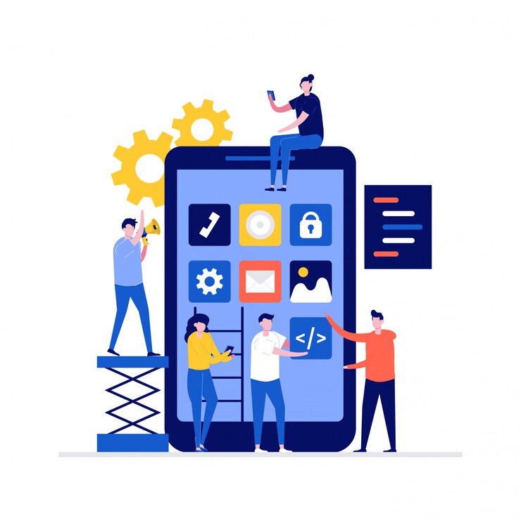 Vector concepto de ilustración de desarrollo de aplicaciones móviles con personajes, teléfono inteligente, codificación de programas.