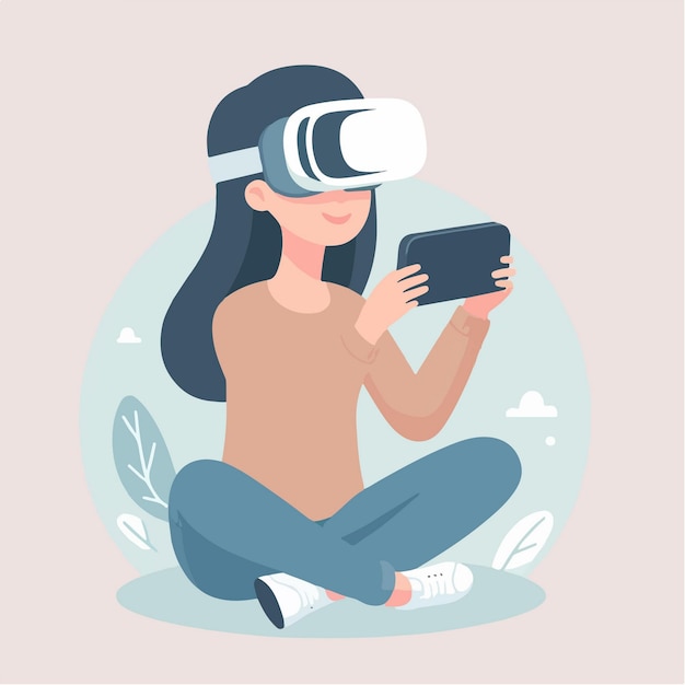 Concepto de ilustración de diseño plano de una chica feliz intentando tecnología de realidad virtual