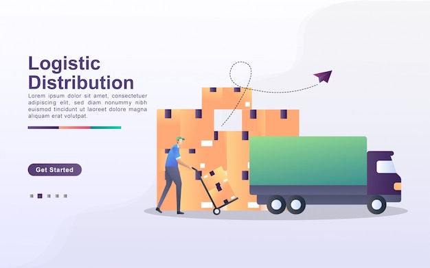 Concepto de ilustración de distribución logística con gente pequeña. Los mensajeros ponen cajas en automóviles, los bienes están listos para ser distribuidos en todo el mundo.