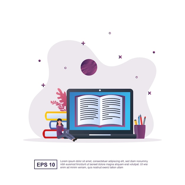 Concepto de ilustración de e-learning con personas que leen libros en línea en computadoras portátiles.