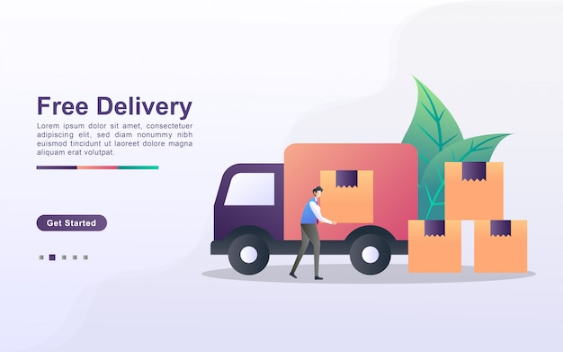 Concepto de ilustración de entrega gratuita con personas pequeñas. El servicio de mensajería está recogiendo y organizando las cajas, los pedidos están listos para ser entregados a la dirección del cliente.