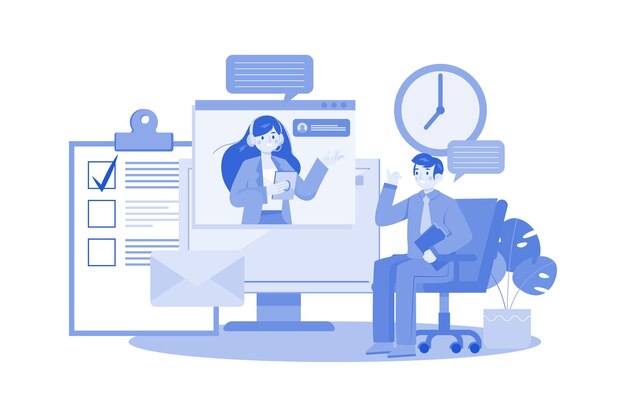 Concepto de ilustración de entrevistas de empleo en línea en fondo blanco