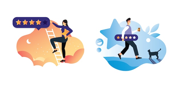 El concepto de ilustración del hombre y las mujeres tienen estrellas Evaluación de los comentarios de los consumidores o clientes, el nivel de satisfacción y el concepto de icono crítico para aplicaciones o reservas en línea