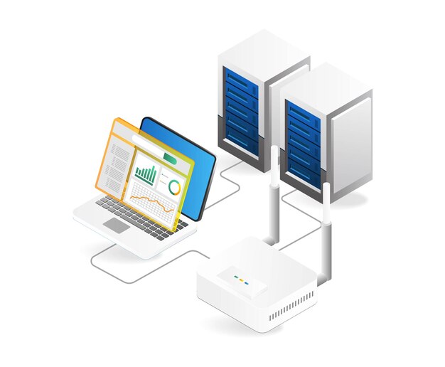 Concepto de ilustración isométrica 3d de conexión de análisis de gestión de servidor de alojamiento