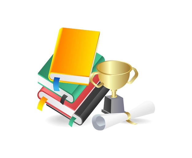 concepto de ilustración isométrica 3d de pila de libros y trofeos