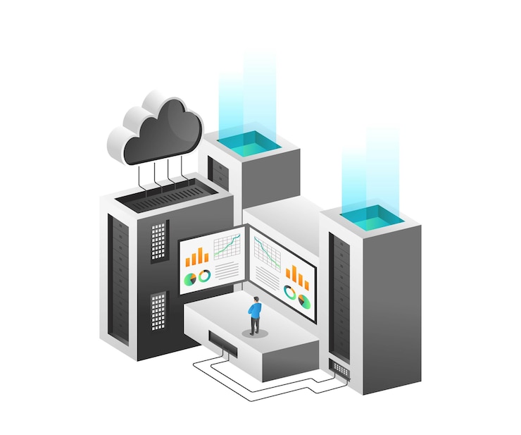 Vector concepto de ilustración isométrica análisis de nube de servidor de base de datos de seguridad