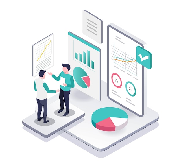 Concepto de ilustración isométrica de dos hombres analizando datos comerciales de la empresa