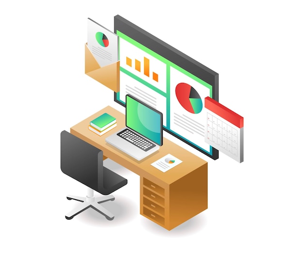 Concepto de ilustración isométrica Pantalla de trabajo de análisis de datos empresariales