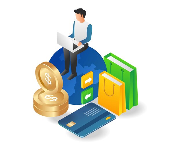 Concepto de ilustración isométrica plana del mundo de las compras en línea