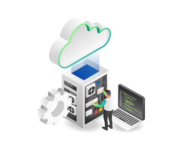 Concepto de ilustración isométrica plana del servidor en la nube del programador técnico