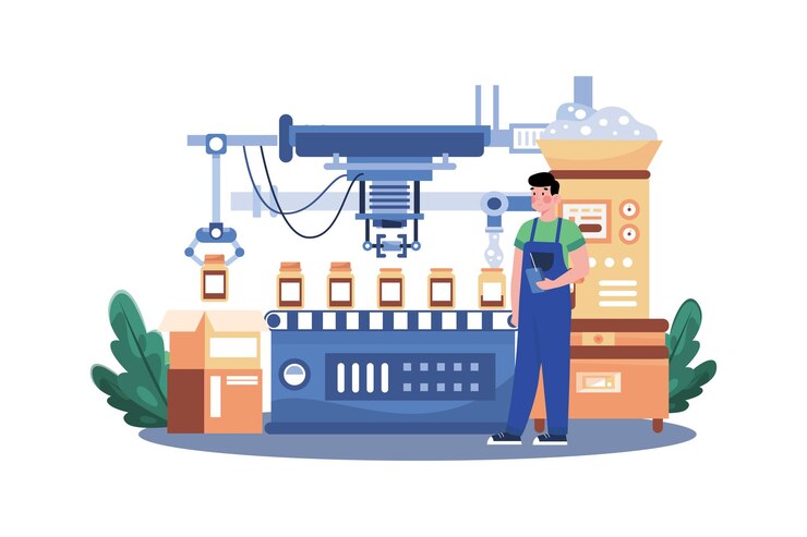 Vector concepto de ilustración de línea de producción automatizada sobre fondo blanco