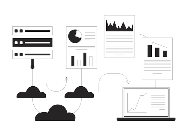 Concepto de ilustración de línea de transferencia de análisis de datos de servidor a portátil