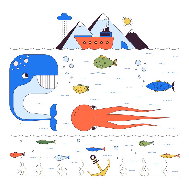 Concepto de ilustración lineal 2D de la vida en las profundidades del mar